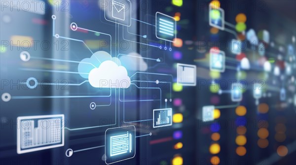 Futuristic image of cloud computing and technology networks in a data center with blue tones, AI