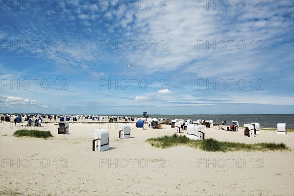 Beach chairs on the sandy beach, Harlesiel, Carolinensiel, East Frisia, Lower Saxony, Germany,