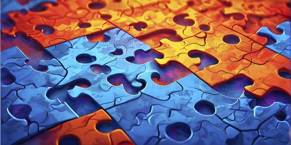 Illustration of scattered blue and orange puzzle pieces sprawled across as a wallpaper background,