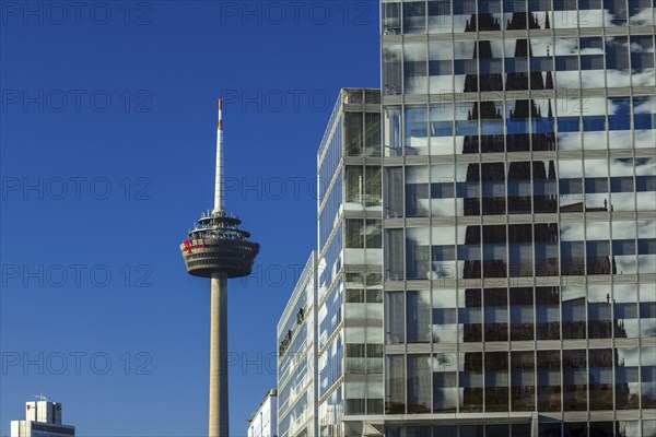 Office tower KoelnTurm, Mediapark, behind it the TV tower, Cologne, Rhineland, North