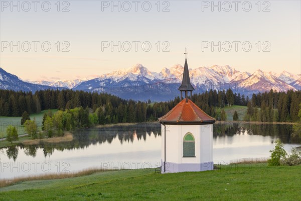 Chapel at Hegratsrieder See near Fuessen, Allgaeu Alps, snow, moon, Allgaeu, Bavaria, Germany,