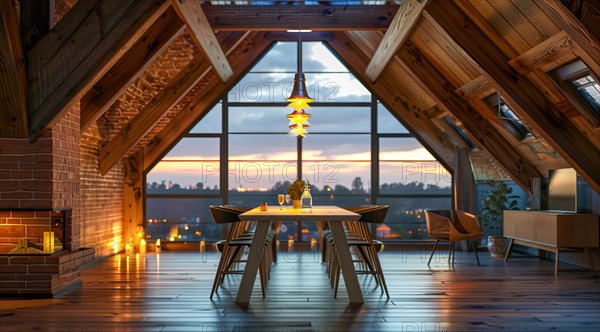 Luxury remodeled and renovated attic with rustic furniture and modern look in a private house, AI