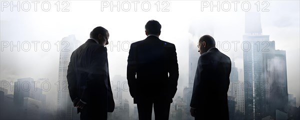 Silhouette of a group of businessman against a backdrop double exposure that reveals a destroyed