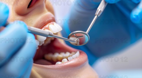 Woman with open mouth has teeth examined during checkup and fixed by a dentist in dental clinique,