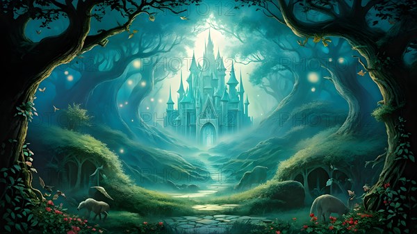 AI generated enchanted forest illustration intertwining trees aglow with magical light