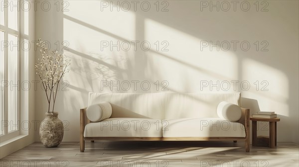 A white couch sits in front of a white wall. Potted feather grass sit on the floor next to the