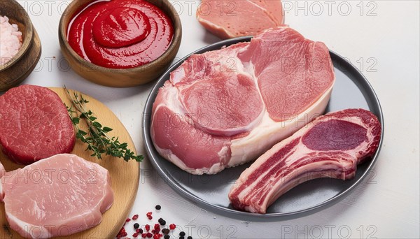 Meat, raw pork, schnitzel and steak, AI generated, AI generated