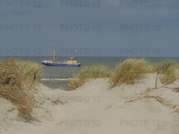 Sand dunes with a view of the sea and a boat under a cloudy sky, dune with dune grass and a boat by