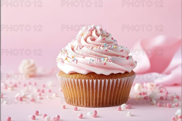 Cupcake with frosting creamy swirls in pastel pink against pastel pink background, AI generated