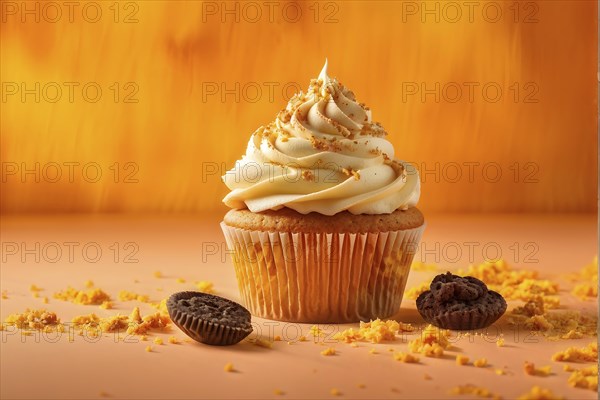 Cupcake with frosting swirls against orange background, AI generated