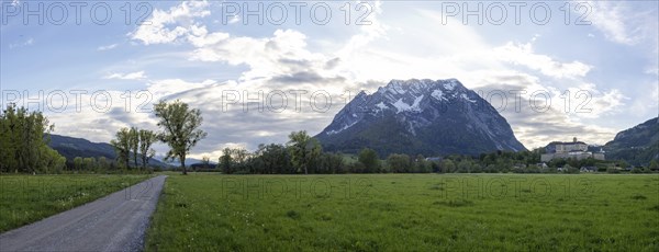 Evening mood, field path near a meadow, Grimming, Trautenfels Castle, panoramic shot, near Irdning,