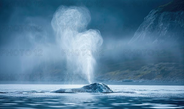 A serene scene of a gray whale spouting mist into the air as it surfaces AI generated