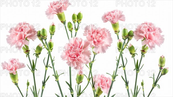 A lush bouquet of pink carnations, featuring several blooms and buds, against a white background,