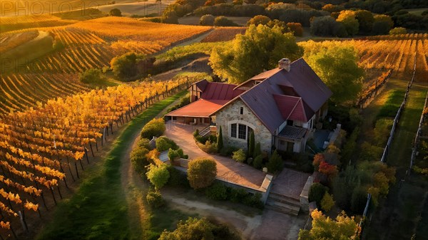 Aerial view of a rustic vineyard cottage nestled in a canopy of vines leaves showcasing autumns