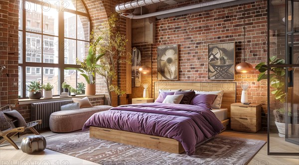 Modern bedroom in a condo or loft with modern trendy furniture. Large and bright space, AI