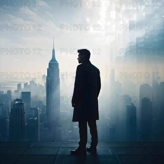 Silhouette of a businessman against a backdrop double exposure that reveals a destroyed cityscape,