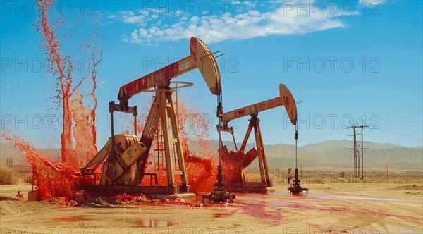 Oil rig pumping blood from the earth. Concept of earth resource exploitation and corporate greed,