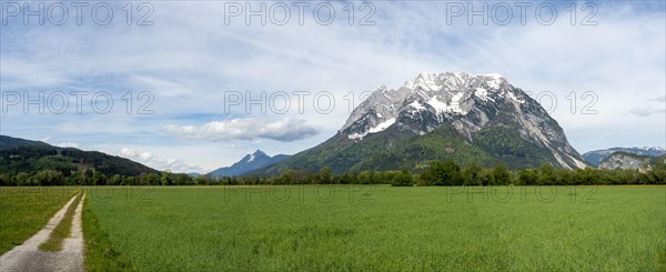 Field path near a meadow, behind the Grimming, panoramic view, near Irdning, Styria, Austria,