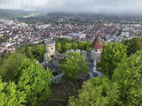 Aerial view of the Honburg castle ruins on the Honberg with the town of Tuttlingen, district of