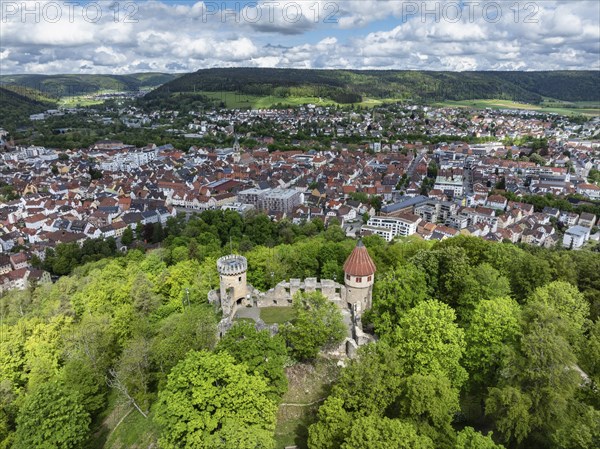 Aerial view of the Honburg castle ruins on the Honberg with the town of Tuttlingen, district of