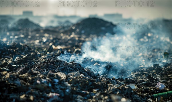 Smoke rising from a burning landfill, air pollution AI generated