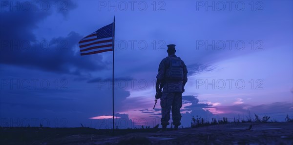 American patriot soldier stand in front of the flag. Concept of fighting for freedom and democracy,