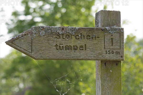Old signpost, stork pond, Boizenburg, Mecklenburg-Vorpommern, Germany, Europe