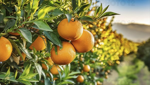 Calm sunset over a row of orange trees, ripe fruit in the foreground, AI generated, AI generated