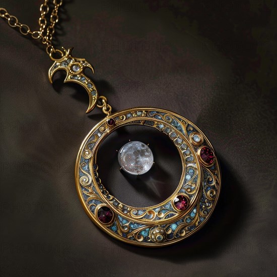 Pendant in the shape of the moon, decorated with moonstone AI generated