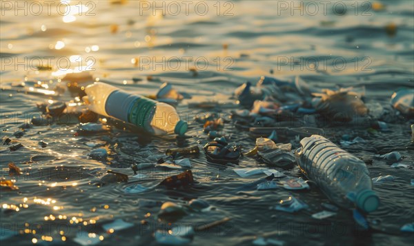 Plastic bags floating in the ocean water, environment and ecology AI generated