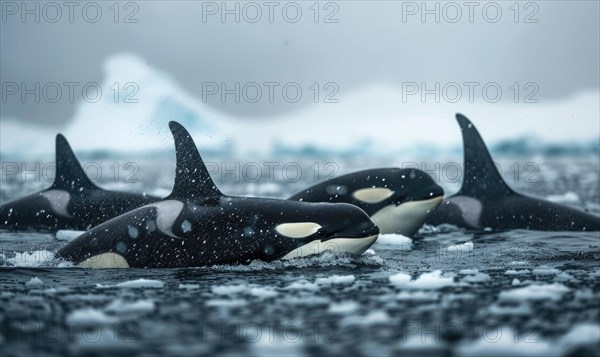 A pod of orca whales swimming gracefully in icy waters AI generated