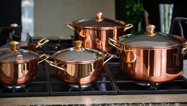 Metal, copper, copper crockery in the kitchen, copper pots, cooking pot