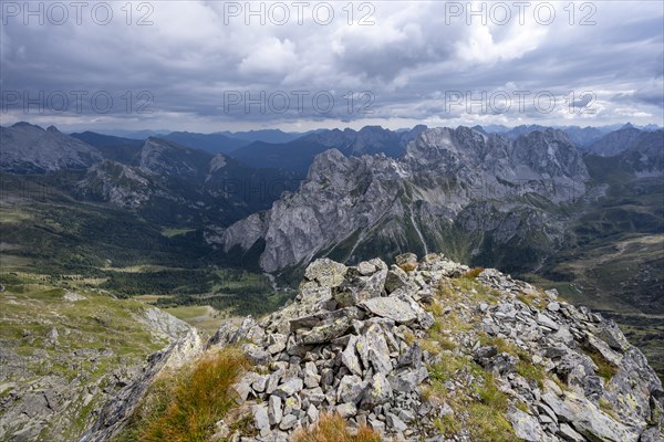View from the summit of the Raudenspitze or Monte Fleons, mountain panorama with rocky mountain