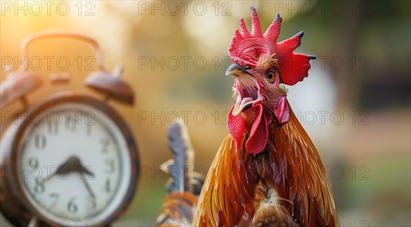 A rooster is standing in front of a clock with its beak open. Concept of a loud alarm clock, AI