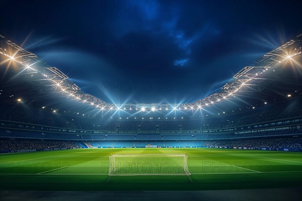 A soccer field with a large crowd of people spectators fans watching the game in evening. The