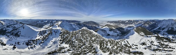 Winter, Alpine panorama with Aiplspitz, Schliersee and Mangfall mountains, Bavarian Prealps,