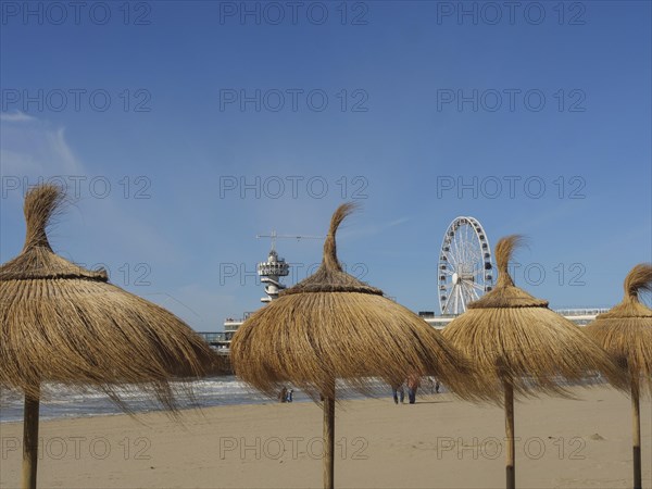 Beach with thatched roofs, Ferris wheel and buildings in the background in sunny weather and blue