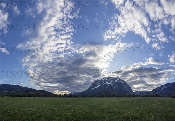 Cloudy mood over the Grimming, panoramic shot, near Irdning, Ennstal, Styria, Austria, Europe