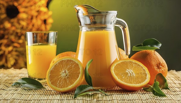 A jug and a glass of orange juice surrounded by fresh oranges and green leaves, AI generated, AI