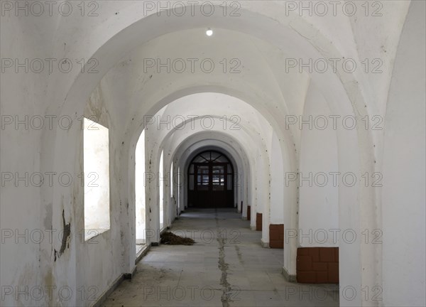 Arcades of the former school in the ghost town of Eleousa, Lost Place, Rhodes, Dodecanese, Greek