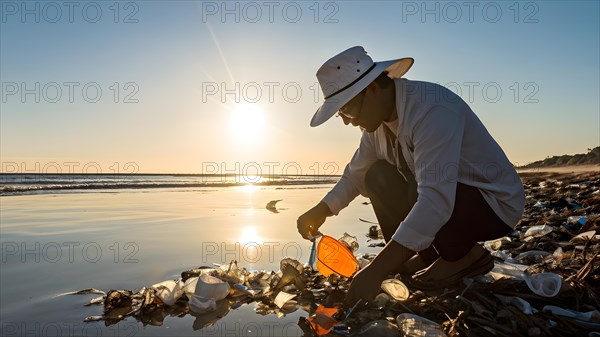 Man cleaning up a polluted beach covered with plastic trash, Illustrating the concept of