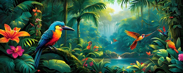 AI generated illustration of an enchanted fairy tale jungle inhabited by magical fantasy animals in