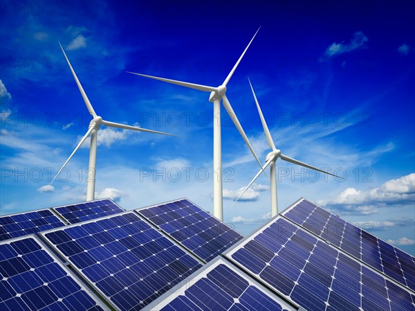 Green alternative energy and environment protection ecology concept, solar battery panels and wind