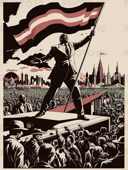 A leader raises a flag and addresses a crowd with a cityscape backdrop, emphasizing patriotism and