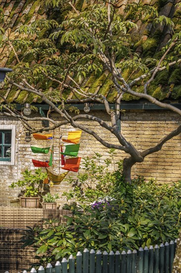 A colourful windsock hangs from a tree above an old wooden fence, surrounded by leaves in the