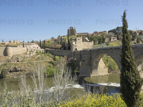 Stone bridge with arches over a river, surrounded by urban landscape and vegetation, sunny weather,