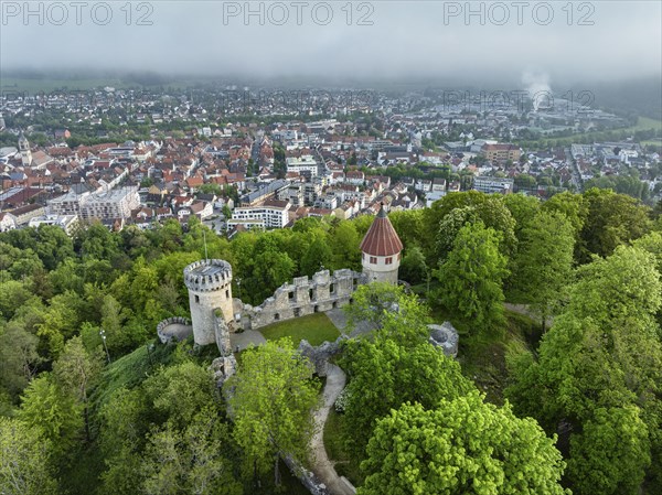 Aerial view of the Honburg castle ruins on the Honberg with the town of Tuttlingen, district of