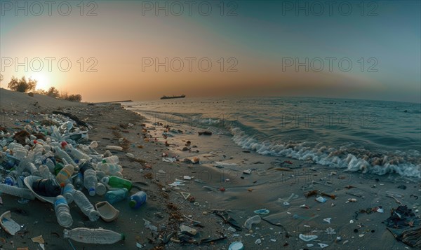 Beach littered with plastic bottles and garbage, ecological problems AI generated