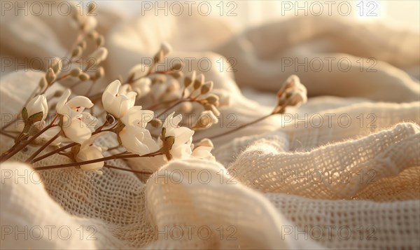 Cotton branch and soft cotton fabric in a soothing neutral tone AI generated