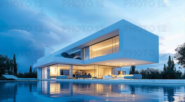 Exterior of private house luxury villa. Modern architecture real estate with swimming pool, AI